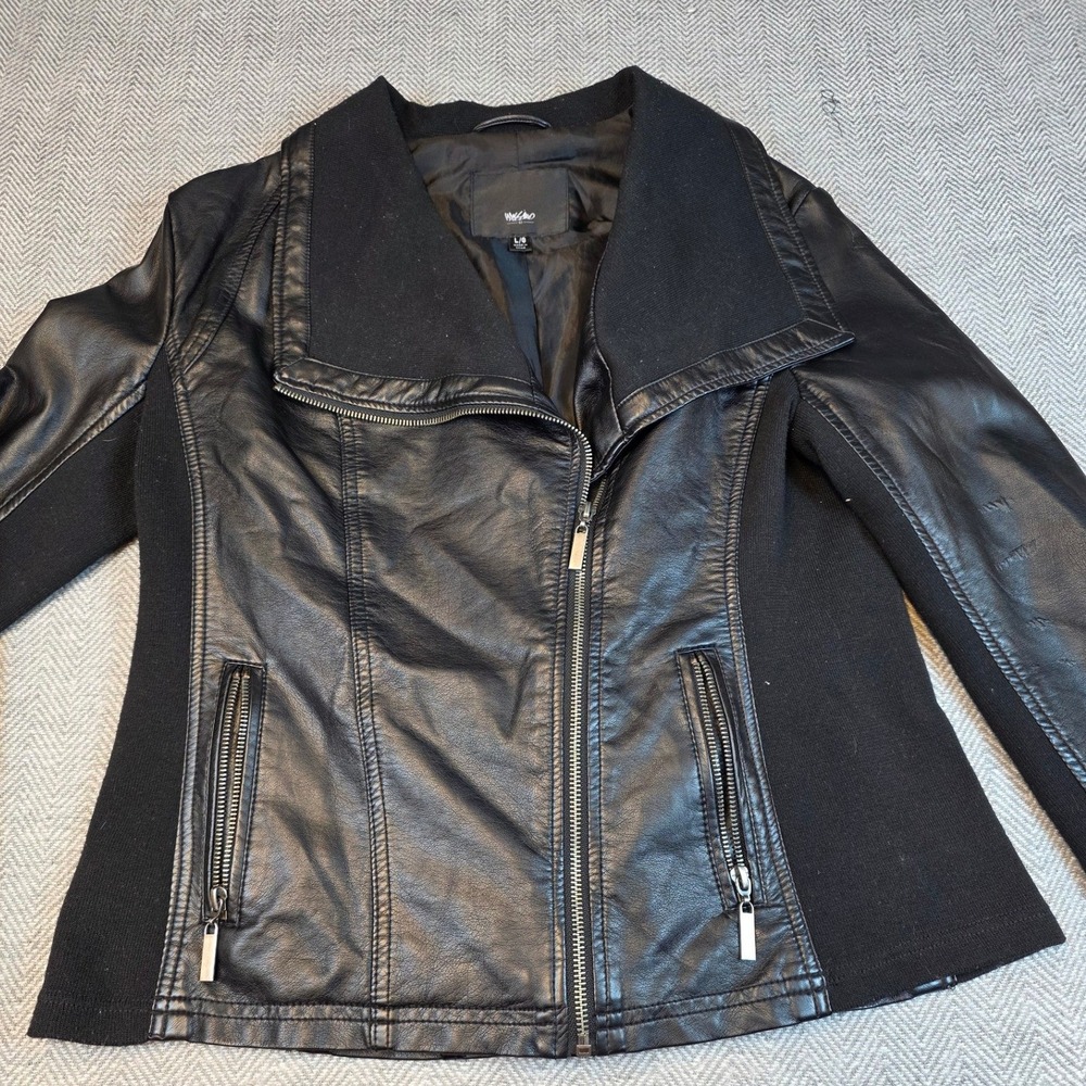Mossimo Black Faux Leather Moto Jacket Mixed Media Ribbed Knit Large L/G